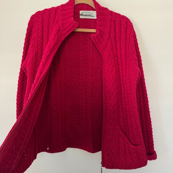 Aran Crafts Merino Wool Made in Ireland Cable Knit Zip-Front Cardigan Red M - Picture 6 of 6